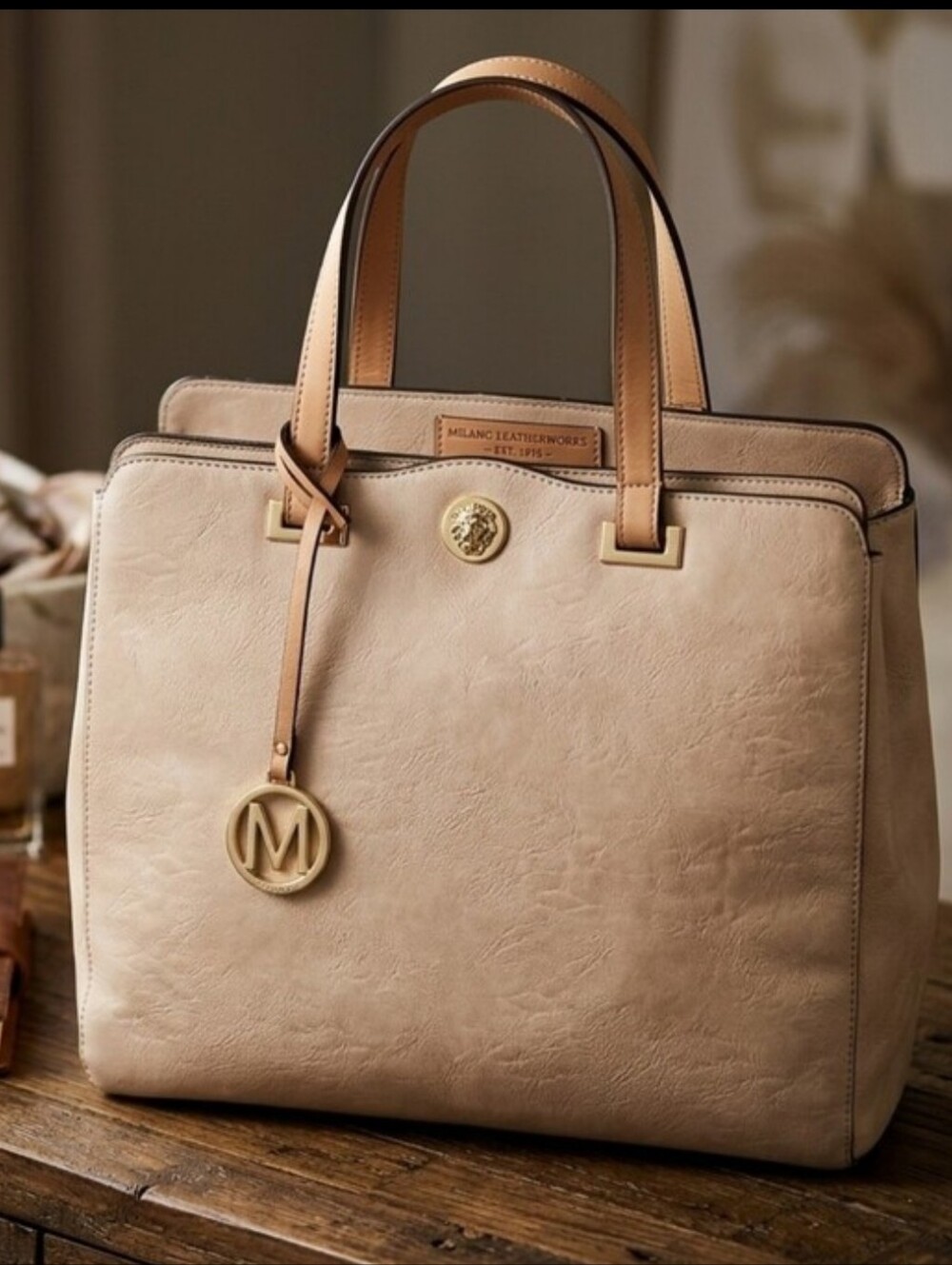 Simply Noelle Beige Tote with Tan Handles and Gold Accent - Picture 10 of 11